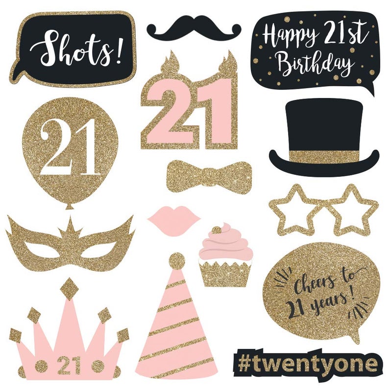 Perfect Occasion Fully Assembled 21st Birthday Photo Booth Props - Set of 30 - Pink & Gold Selfie Signs - 21st Party Supplies & Decorations - Cute Bday Designs with Real Glitter - Did We Mention No DIY - Image 4